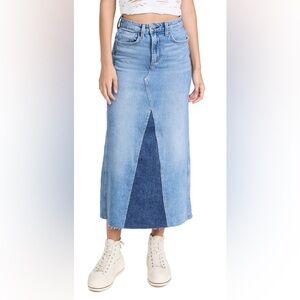 THE MAXINE TWO-TONED DENIM MAXI SKIRT WITH RAW HEM IN NEEDY
